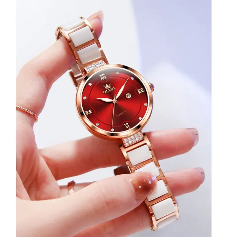 Olevs 5589 Red Dial White Ceramic Luxury Ladies Watch